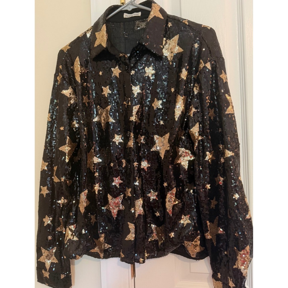 Mainstrip Women Black Gold Sequin Star Button Down Shirt Blouse CT33395 Size M